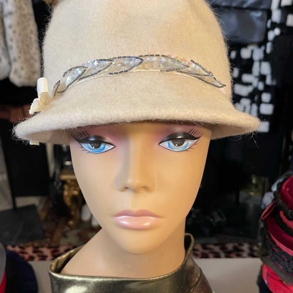 Vintage Cream Wool Blend Hat with Silver Sequin Leaf Details